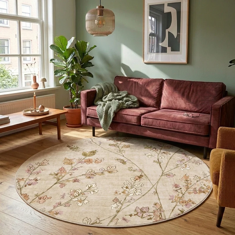 Waschbarer Teppich Rund - Misty Floral Creme