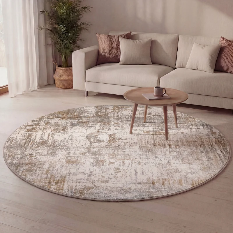 Waschbarer Teppich Rund - Misha Grunge Creme Braun