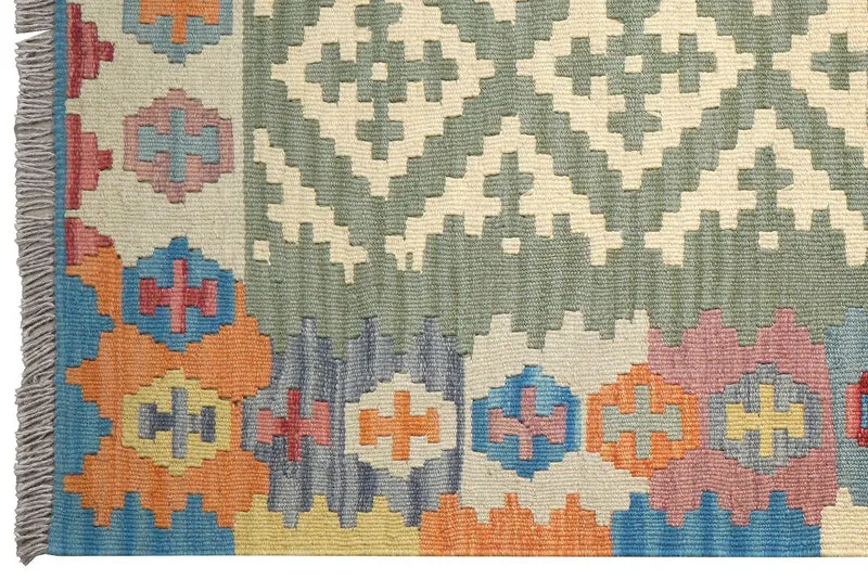 Kelim Gashgai · Handgewebt – Grün, 299x86 cm