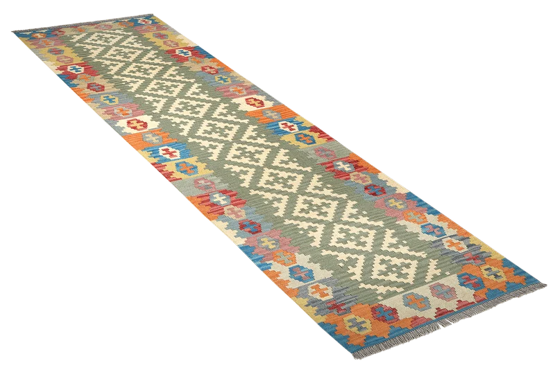 Kelim Gashgai · Handgewebt – Grün, 299x86 cm