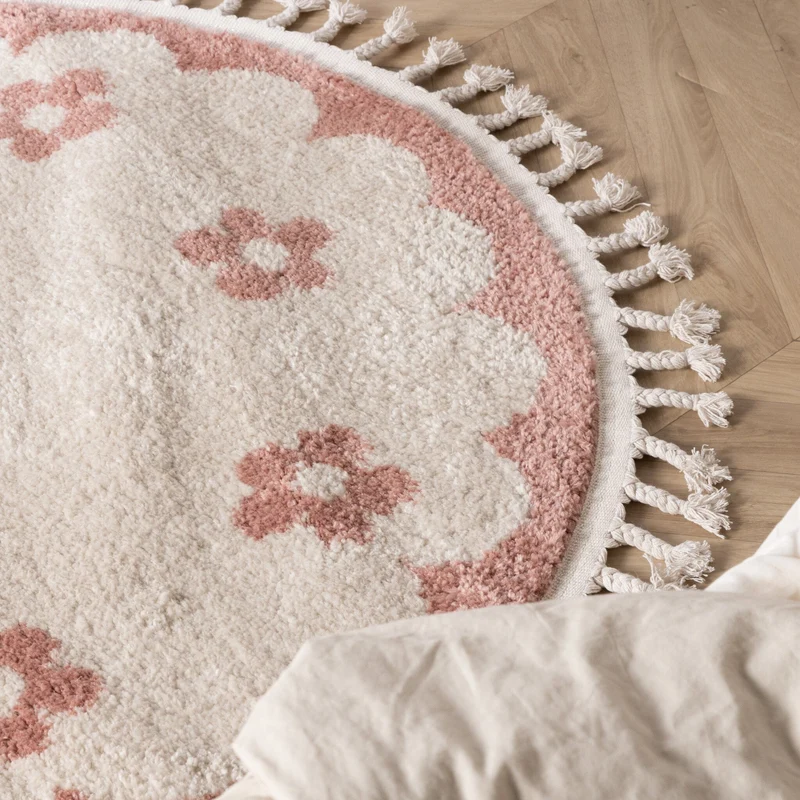 Waschbarer Kinderteppich Rund - Moos Flower Rosa