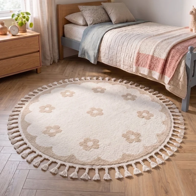 Waschbarer Kinderteppich Rund - Moos Flower Creme