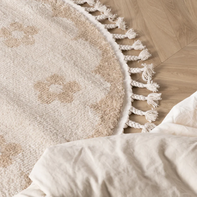 Waschbarer Kinderteppich Rund - Moos Flower Creme