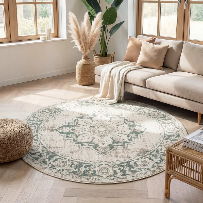 Teppich Vintage Rund - Spring Medaillon Creme Grün
