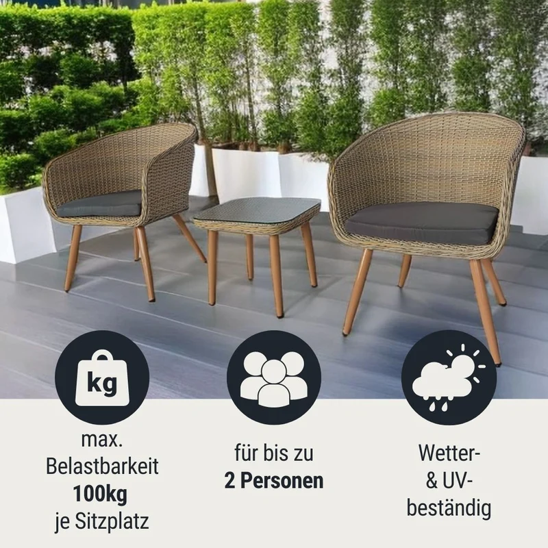 Balkon Sitzgruppe "Saskia" 2 Stühle, 1 Tisch und Sitzkissen