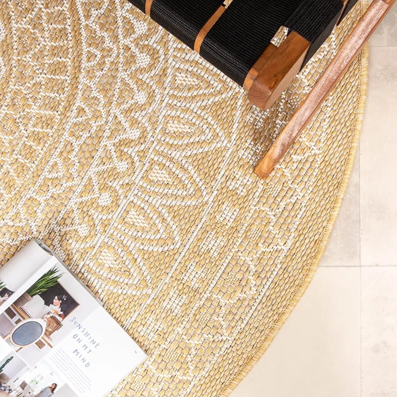 In- & Outdoor Teppich Rund - Summer Azteca Gelb