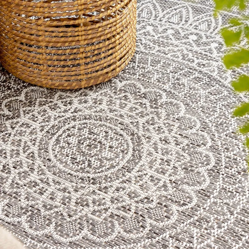 In- & Outdoor Teppich Rund - Summer Azteca Hellgrau