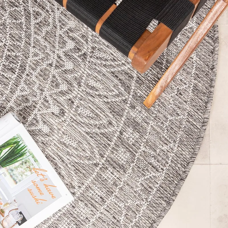 In- & Outdoor Teppich Rund - Summer Azteca Hellgrau