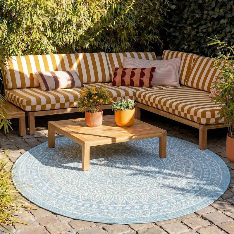 In- & Outdoor Teppich Rund - Summer Azteca Hellblau