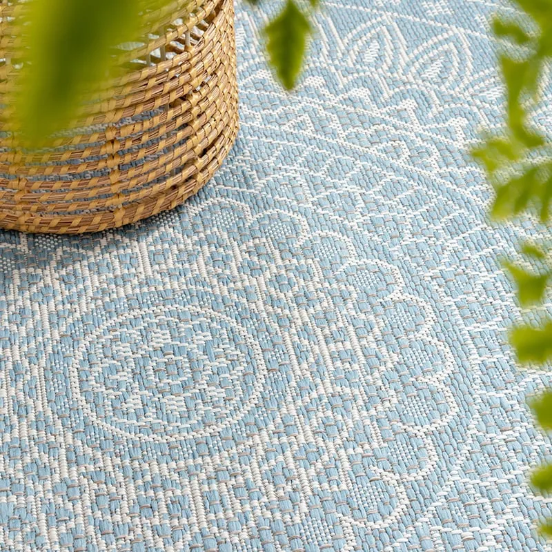 In- & Outdoor Teppich Rund - Summer Azteca Hellblau