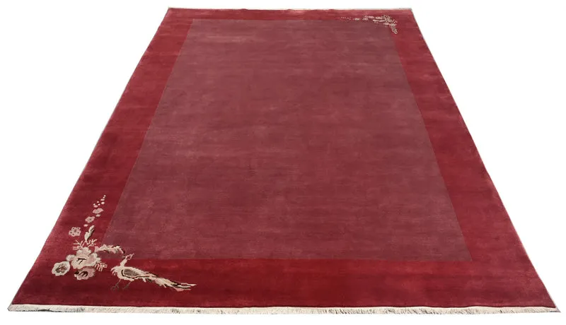 Handgeknüpfter Tibeter Teppich in red berry mit Retro Bordüre – Neuwertig