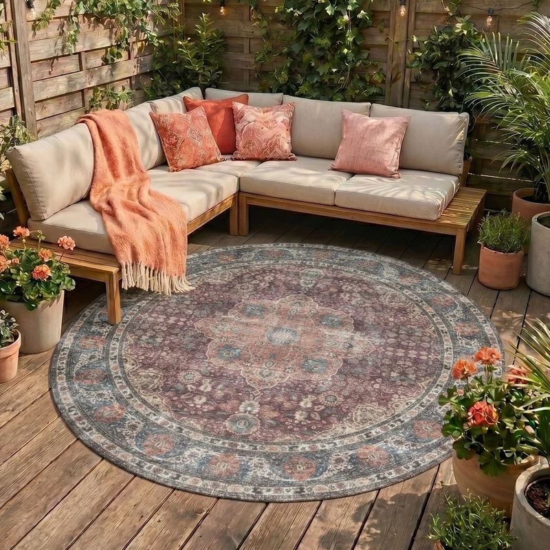 In- & Outdoor Teppich Rund - Kairo Medaillon Bordeaux Rot