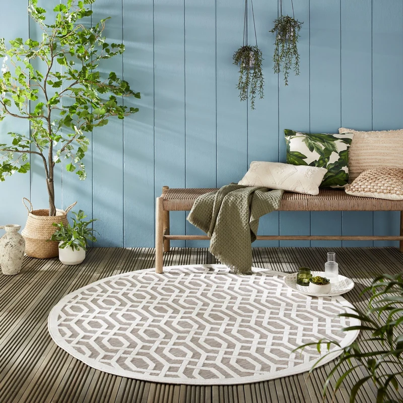 In- & Outdoor Teppich Rund - Piatto Mataro Creme Weiß
