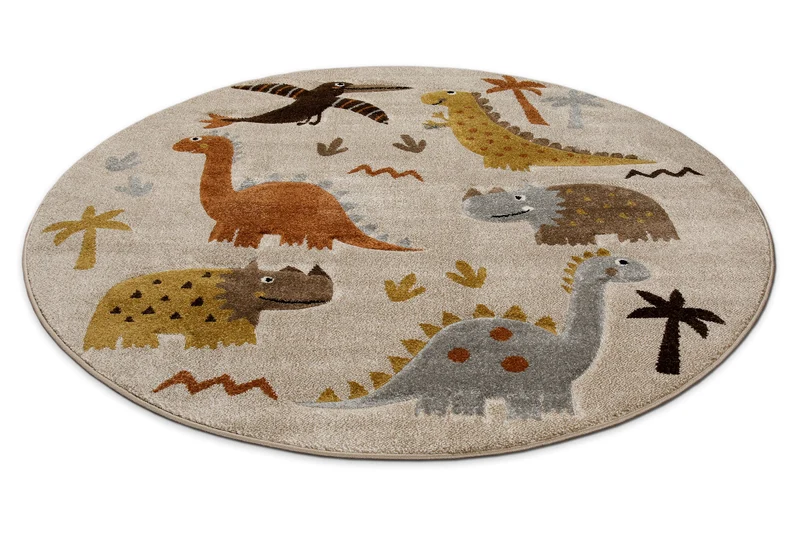Kinderteppich Rund Sand Beige meliert "T-Rex & Friends" Smart Kids