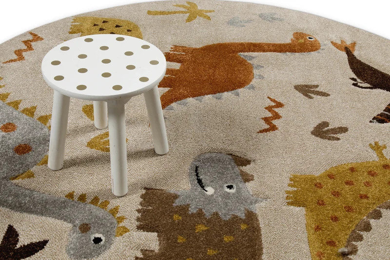 Kinderteppich Rund Sand Beige meliert "T-Rex & Friends" Smart Kids