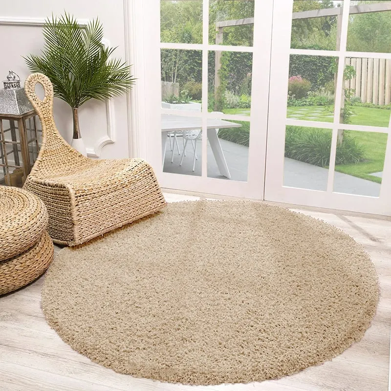 Round High Pile Rug - Solid Beige