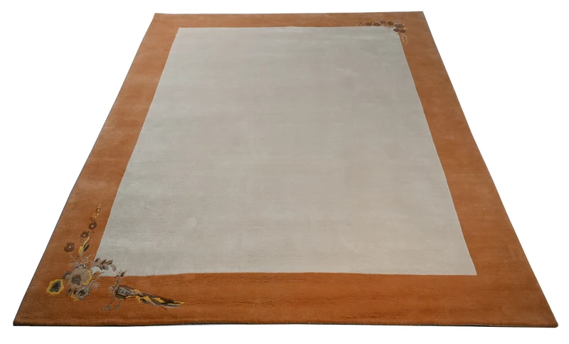 Handgeknüpfter Tibeter Teppich creme beige mit Retro Bordüre – Neuwertig