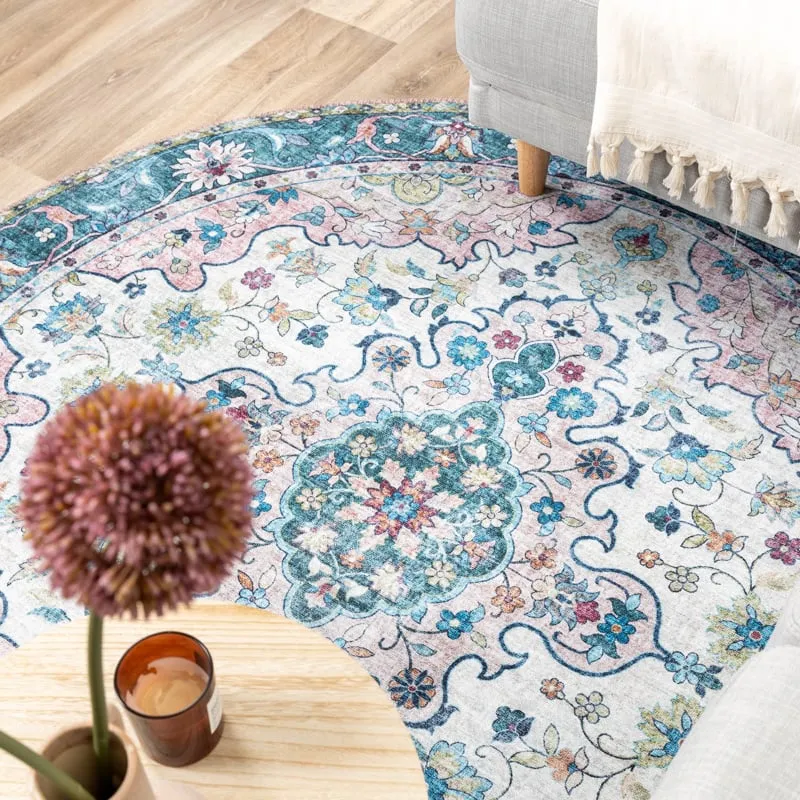 Teppich Vintage Rund - Lily Oriental Blau Rosa