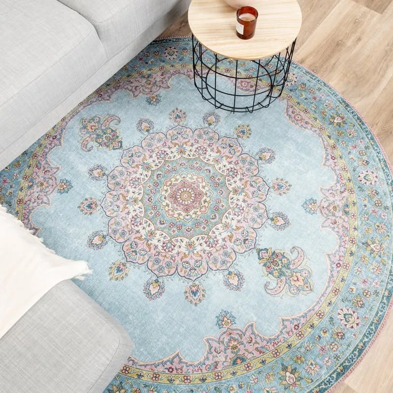 Teppich Vintage Rund - Lily Medaillon Hellblau Türkis