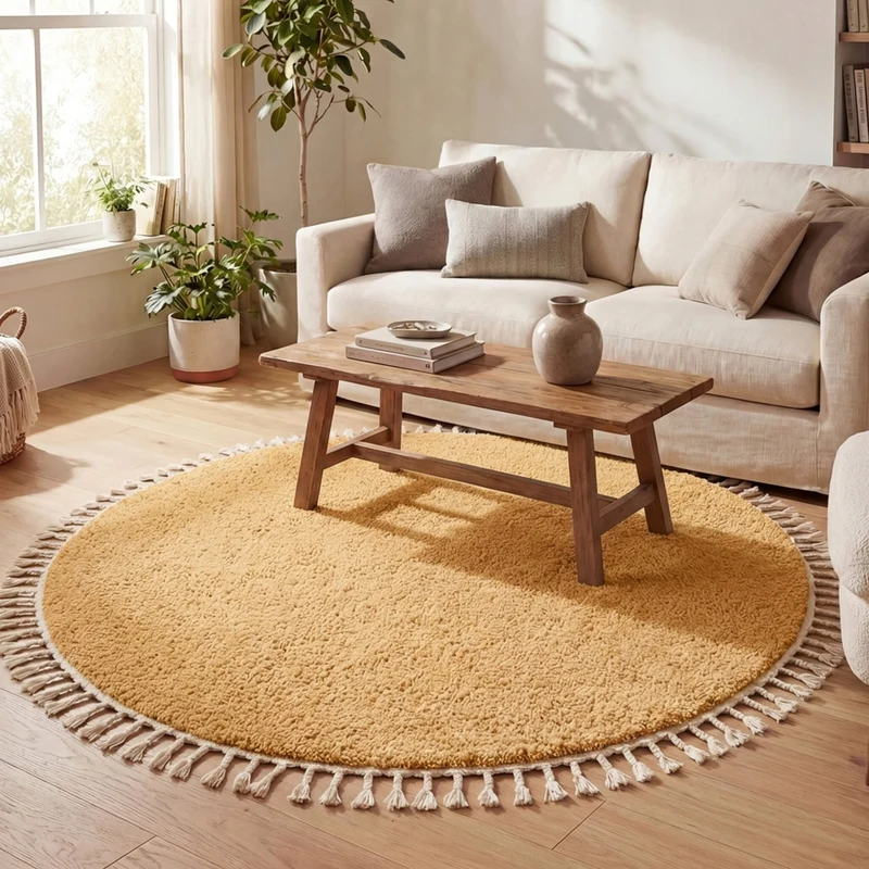 Teppich Hochflor Rund - Lofty Fringe Gelb