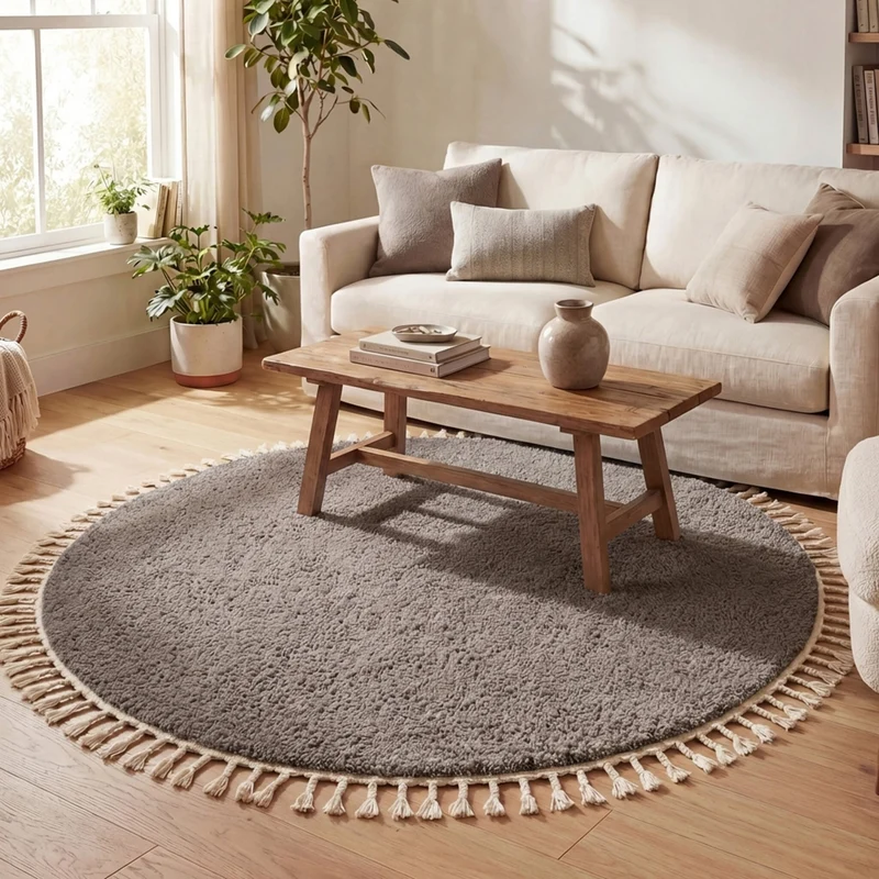 Teppich Hochflor Rund - Lofty Fringe Taupe