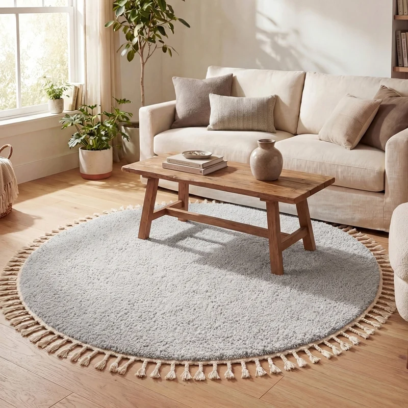 Teppich Hochflor Rund - Lofty Fringe Hellgrau