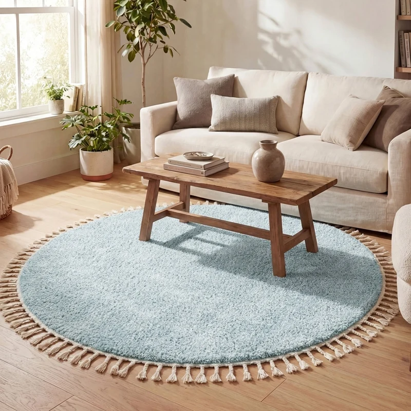 Teppich Hochflor Rund - Lofty Fringe Hellblau Türkis