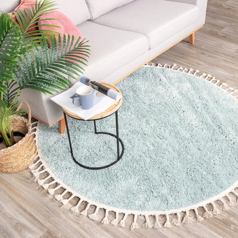Teppich Hochflor Rund - Lofty Fringe Hellblau Türkis