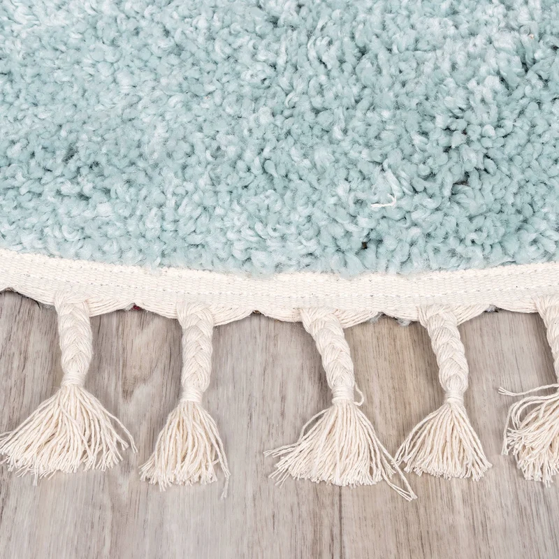 Teppich Hochflor Rund - Lofty Fringe Hellblau Türkis