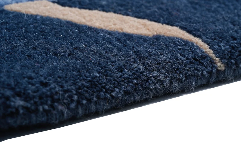 Handgeknüpfter tibetischer Teppich in blau grau mit Retro Bordüre – Neuwertig
