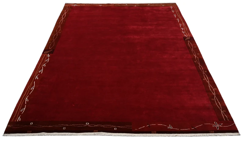 Handgeknüpfter tibetischer Teppich rot mit Retro Bordüre – Neuwertig
