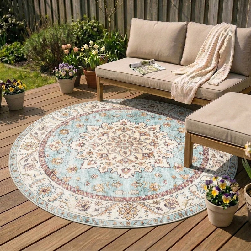 Vintage Gartenteppich Rund - Santo Medaillon Hellblau