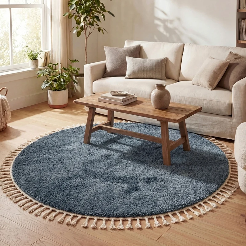 Teppich Hochflor Rund - Lofty Fringe Blau