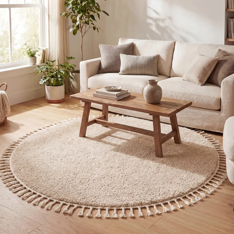Teppich Hochflor Rund - Lofty Fringe Beige