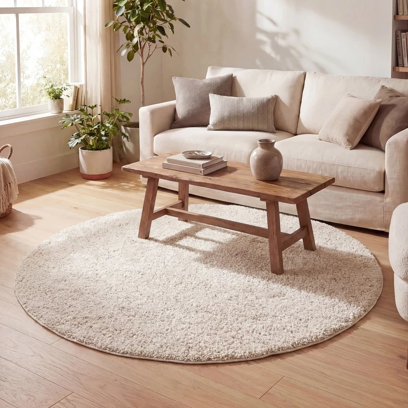 Teppich Hochflor Rund - Lofty Creme Weiß