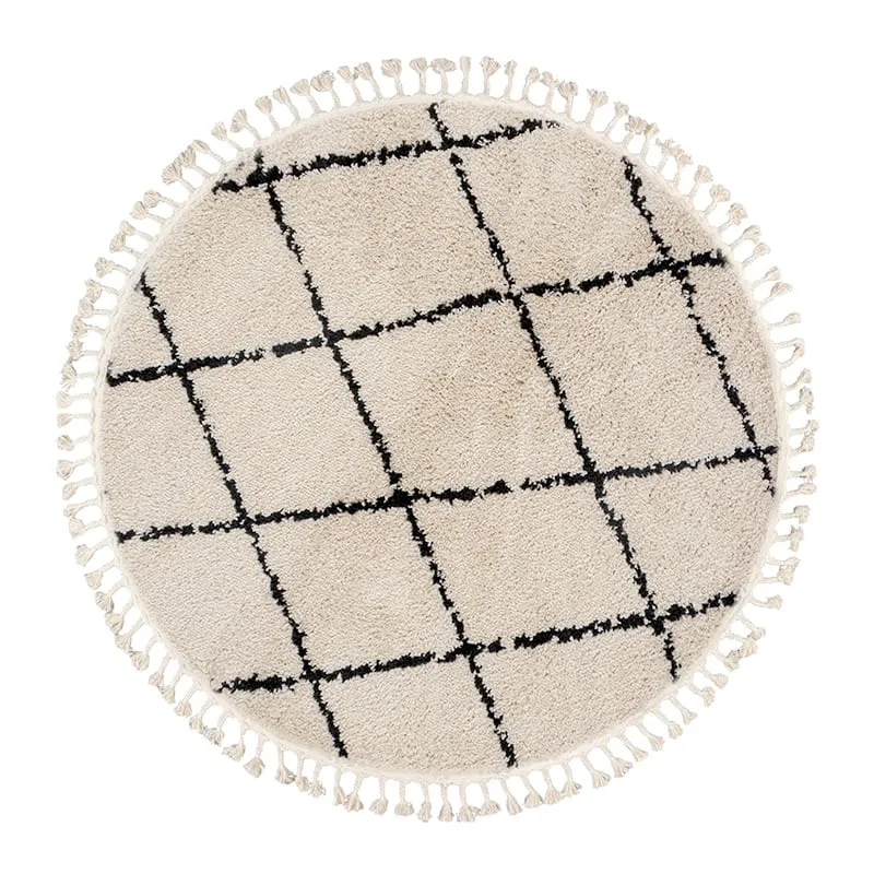 Teppich Hochflor Rund - Grand Lines Weave Creme Schwarz