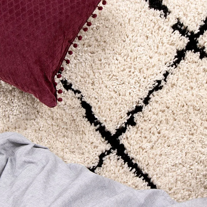 Teppich Hochflor Rund - Grand Lines Weave Creme Schwarz