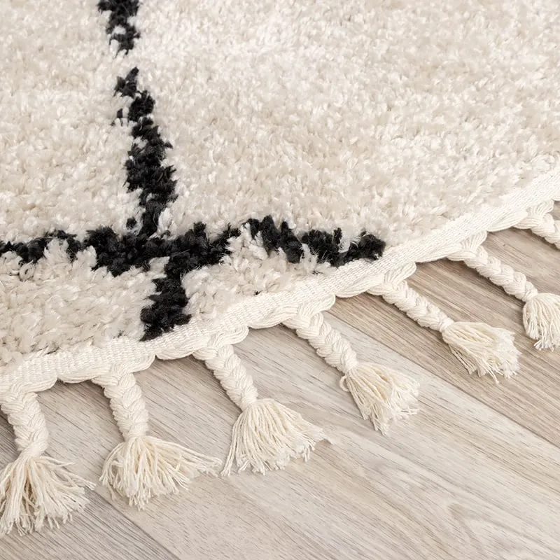 Teppich Hochflor Rund - Grand Lines Weave Creme Schwarz