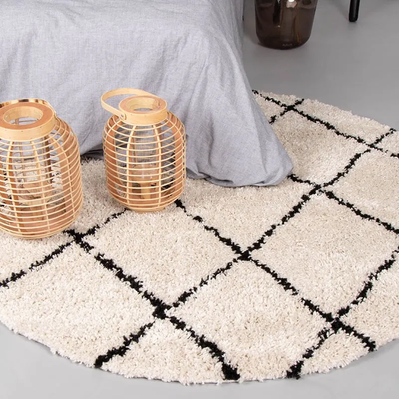 Teppich Hochflor Rund - Grand Lines Creme Schwarz