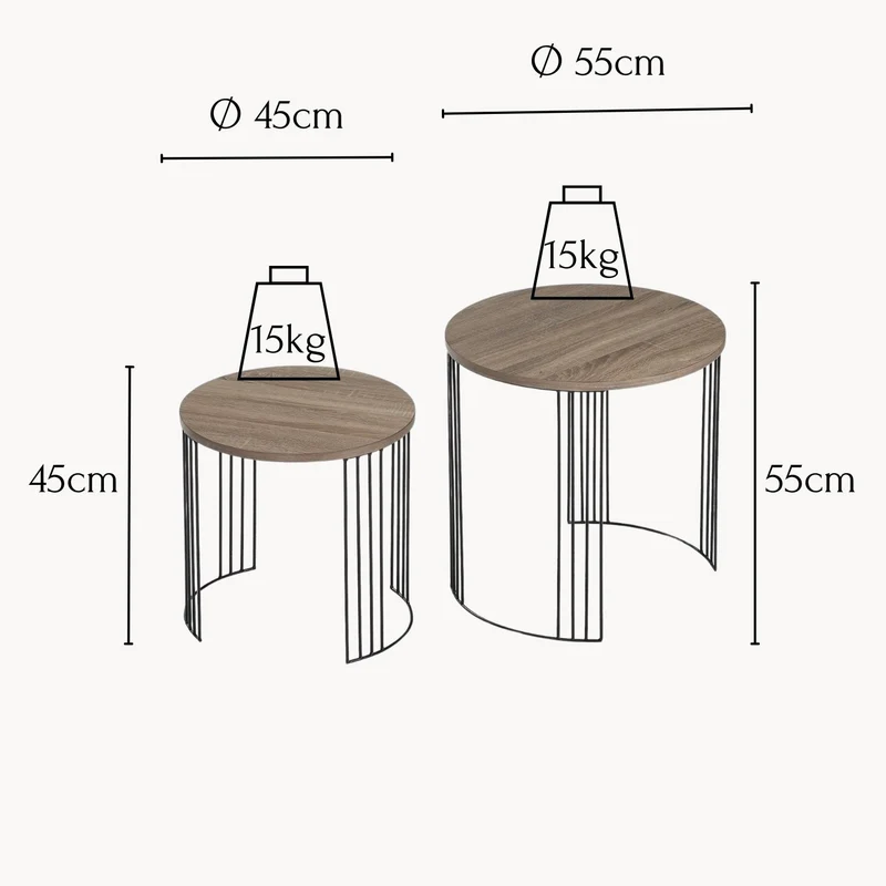 Couchtisch 2er-Set Izza 55x55x55cm und 45x45x45cm (2er Set), in modernem Eichendekor mit Metallbeinen