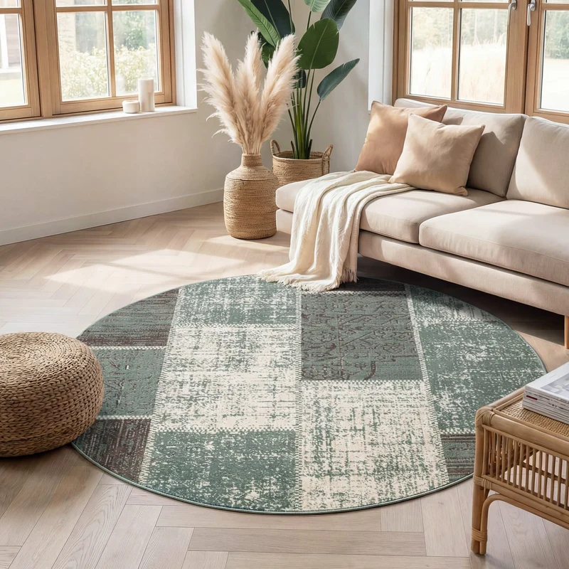 Teppich Vintage Rund - Spring Patchwork Grün Grau