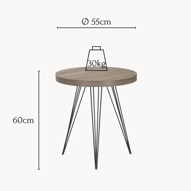 Beistelltisch Hestia, rund 55x55x60cm, in Eichenoptik mit Metallbeinen