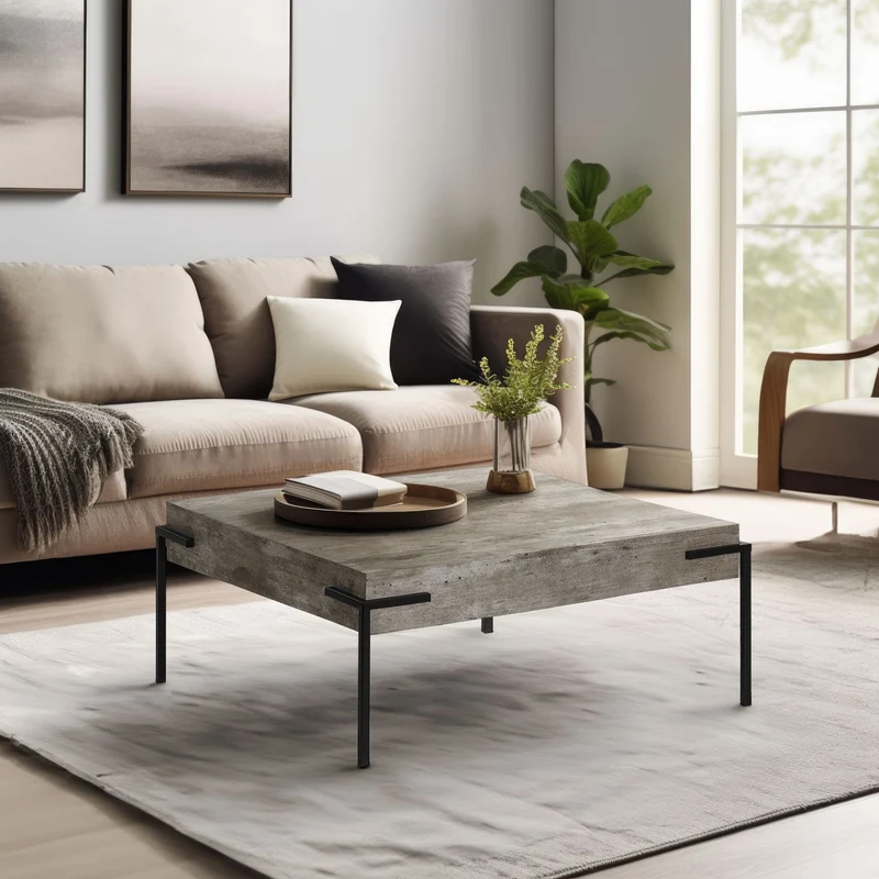 Couchtisch Herres 80x80x36cm, Betonoptik mit Metallbeinen