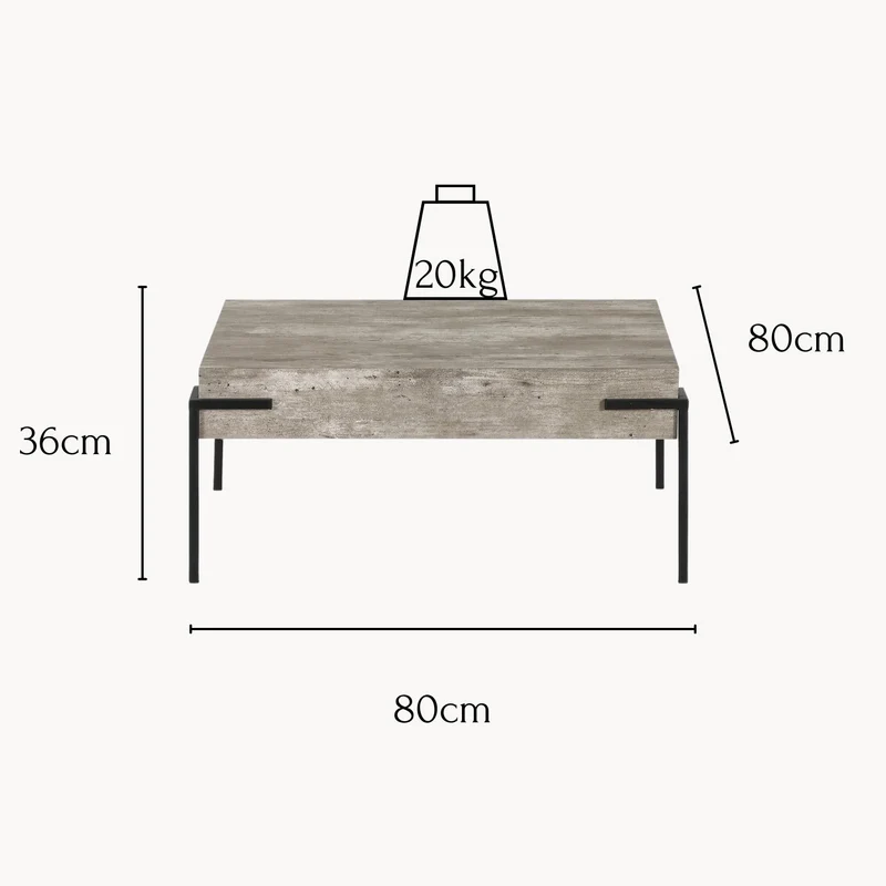 Couchtisch Herres 80x80x36cm, Betonoptik mit Metallbeinen