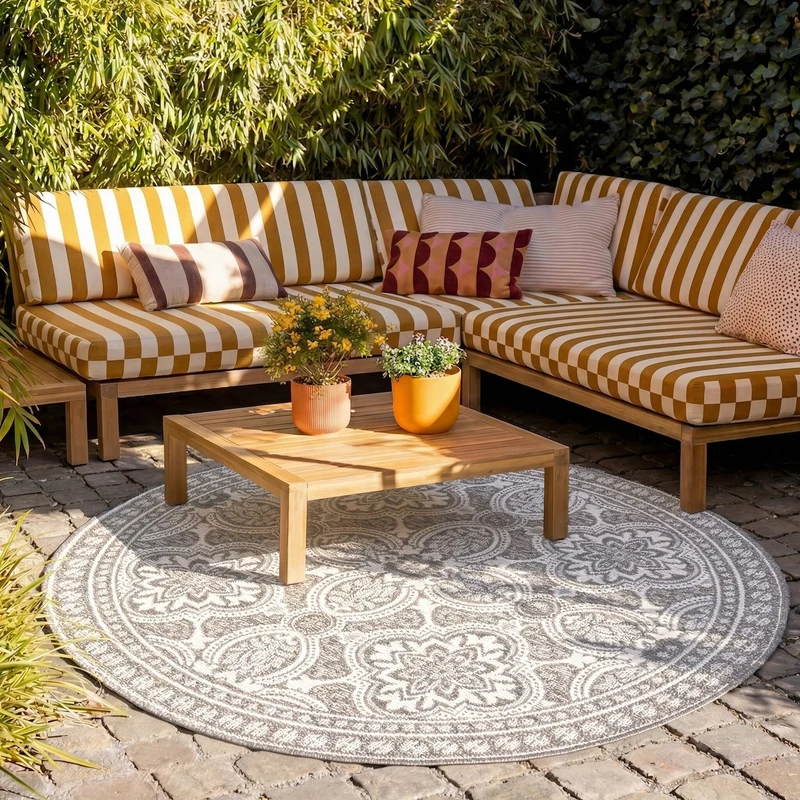 In- & Outdoor Teppich Rund - Summer Oriental Hellgrau