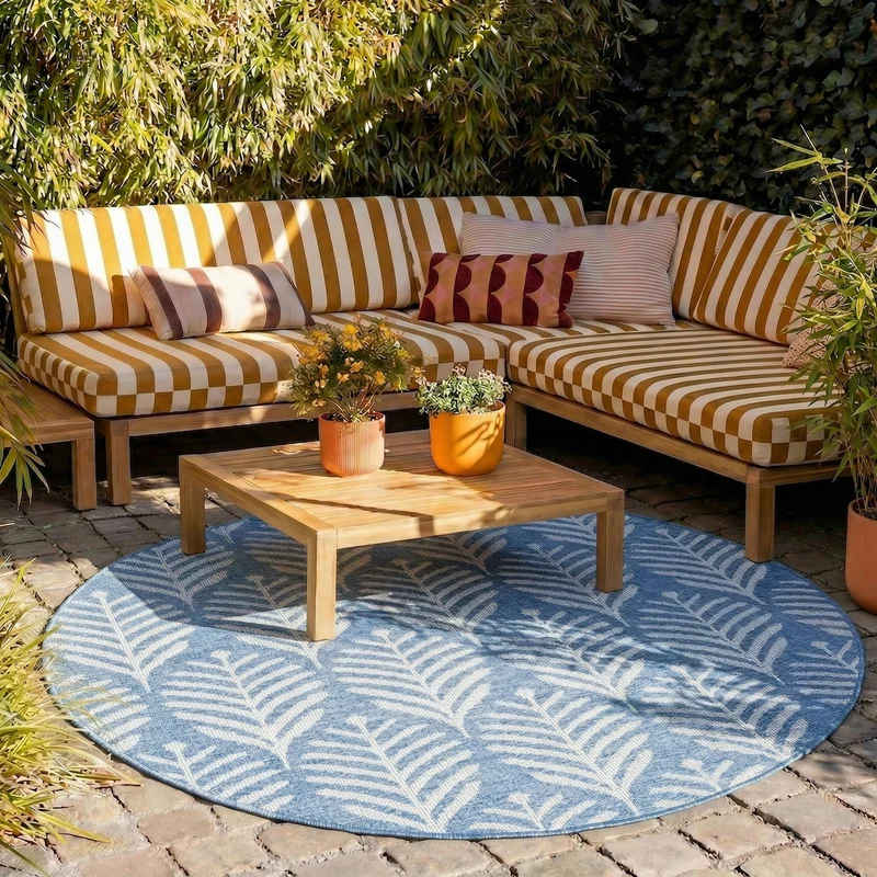 In- & Outdoor Teppich Rund - Summer Leaves Blau
