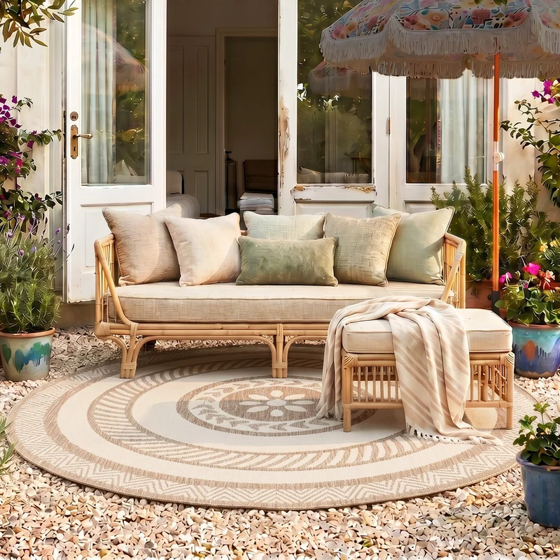 Garten Teppich Rund - Nusa Medallion Beige Creme