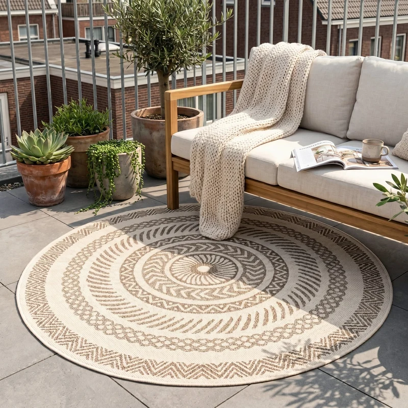 In- & Outdoor Jute Teppich Rund - Nomad Aztec Creme