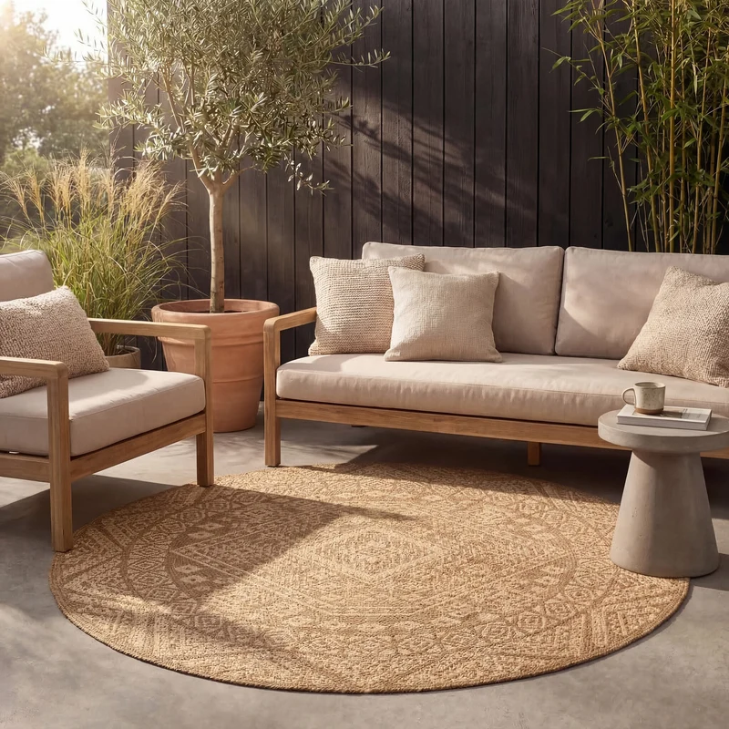 Jute Gartenteppich Rund - Mavi Medaillon Creme Braun