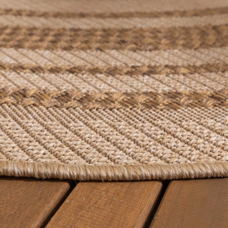 Jute Gartenteppich Rund - Mavi Border Creme Braun